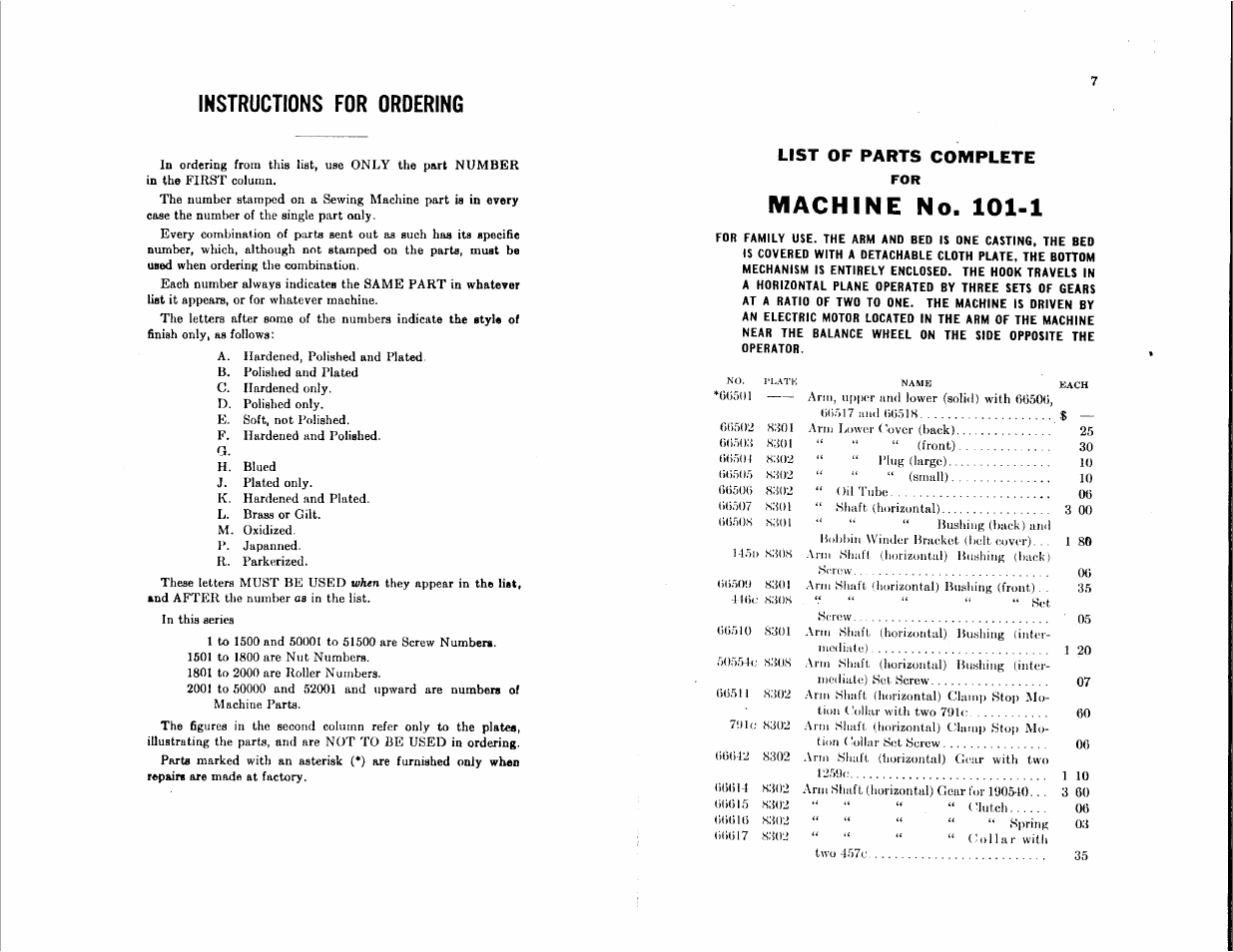 List of parts complete, Machine no. 101-1, Instructions for ordering | SINGER 101-1 User Manual | Page 3 / 23