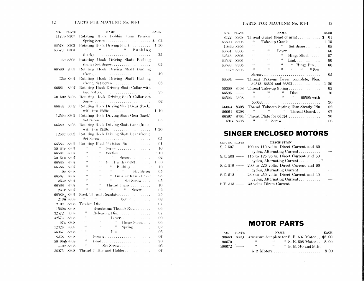 Singer enclosed motors, Motor parts | SINGER 101-1 User Manual | Page 6 / 23