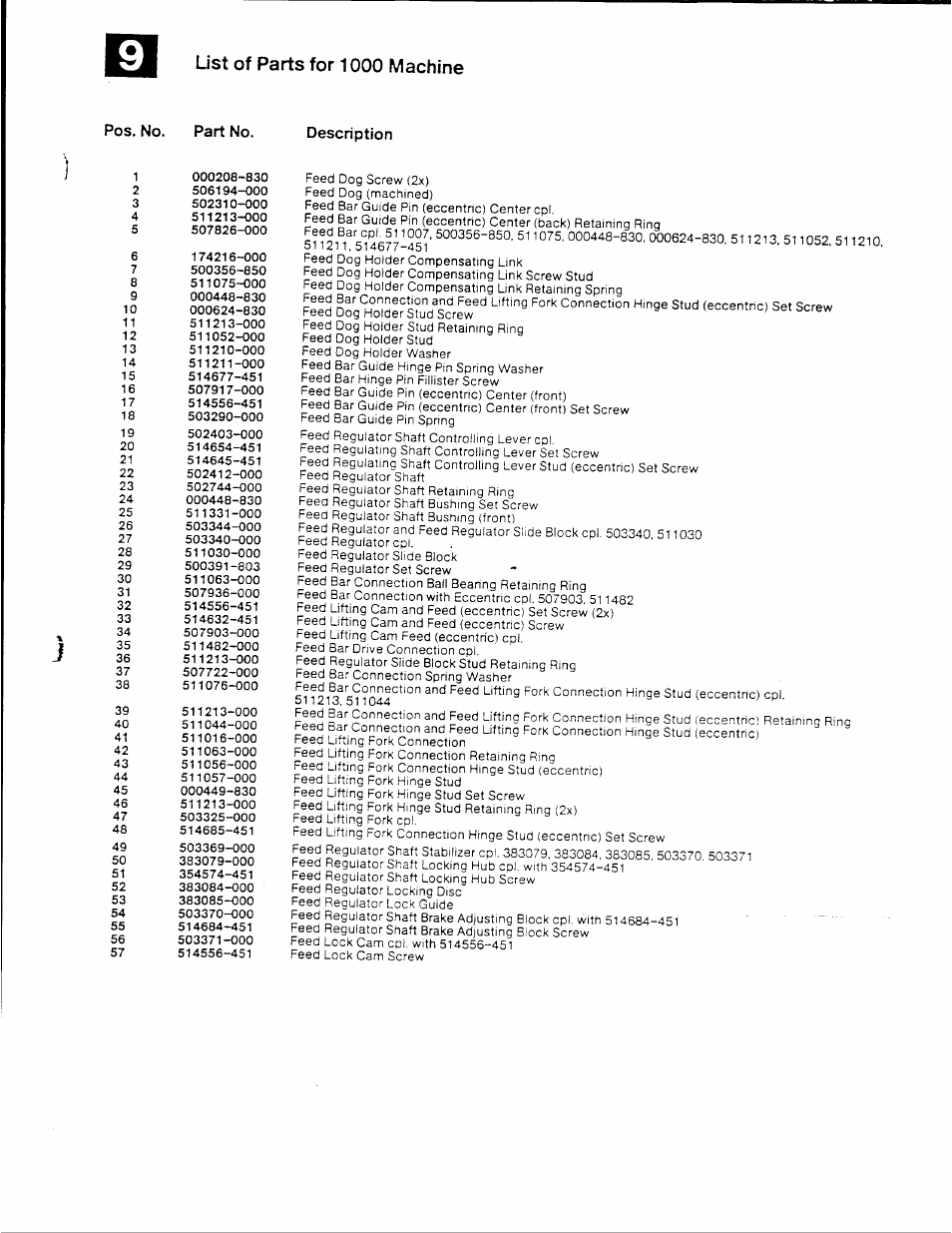 Description, List of parts for 1000 machine | SINGER XL-1000 User Manual | Page 22 / 27