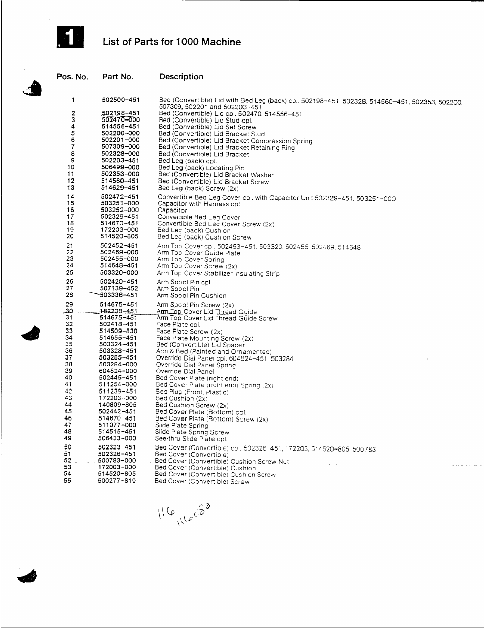 List of parts for 1000 machine | SINGER XL-1000 User Manual | Page 6 / 27