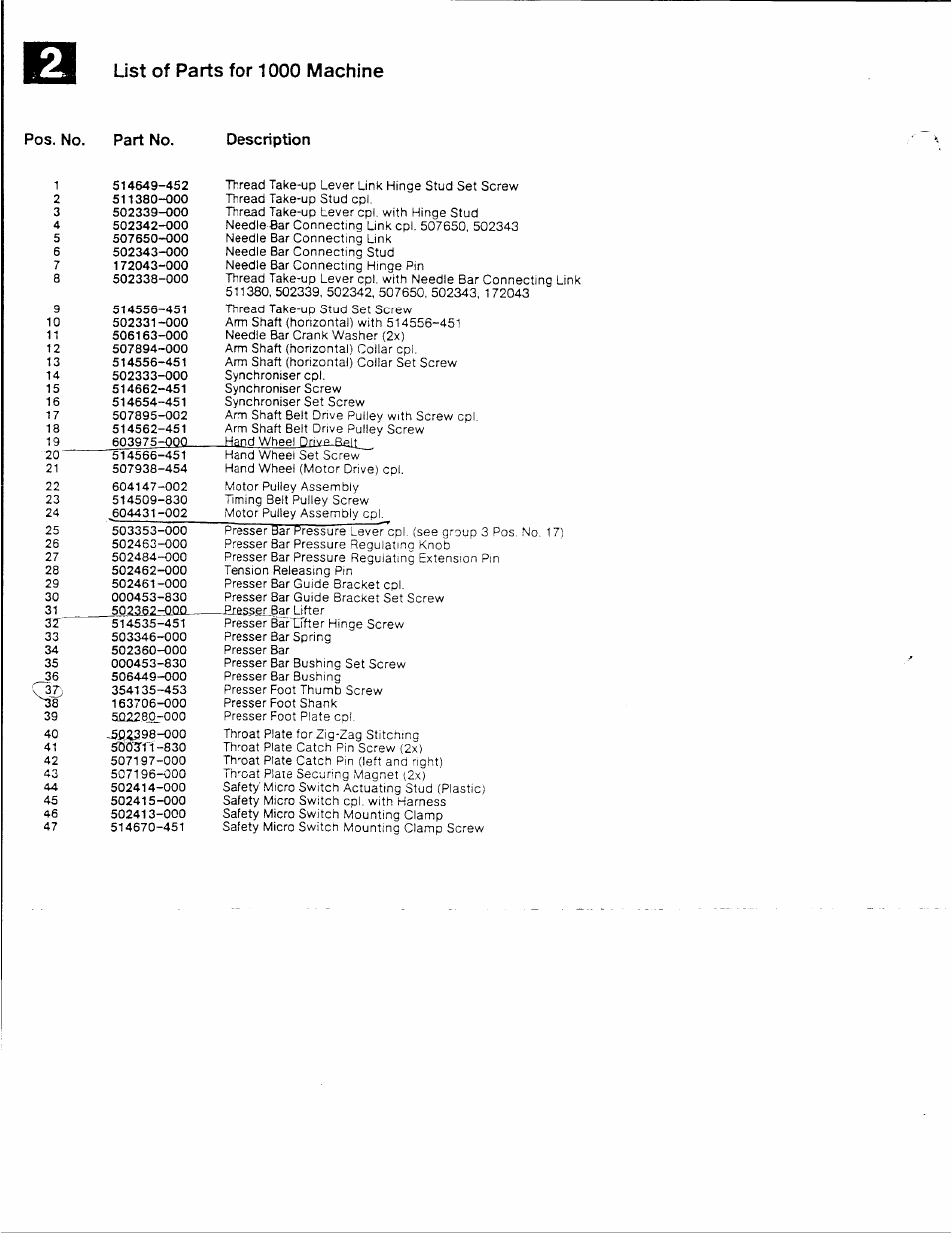 Description, List of parts for 1000 machine | SINGER XL-1000 User Manual | Page 7 / 27
