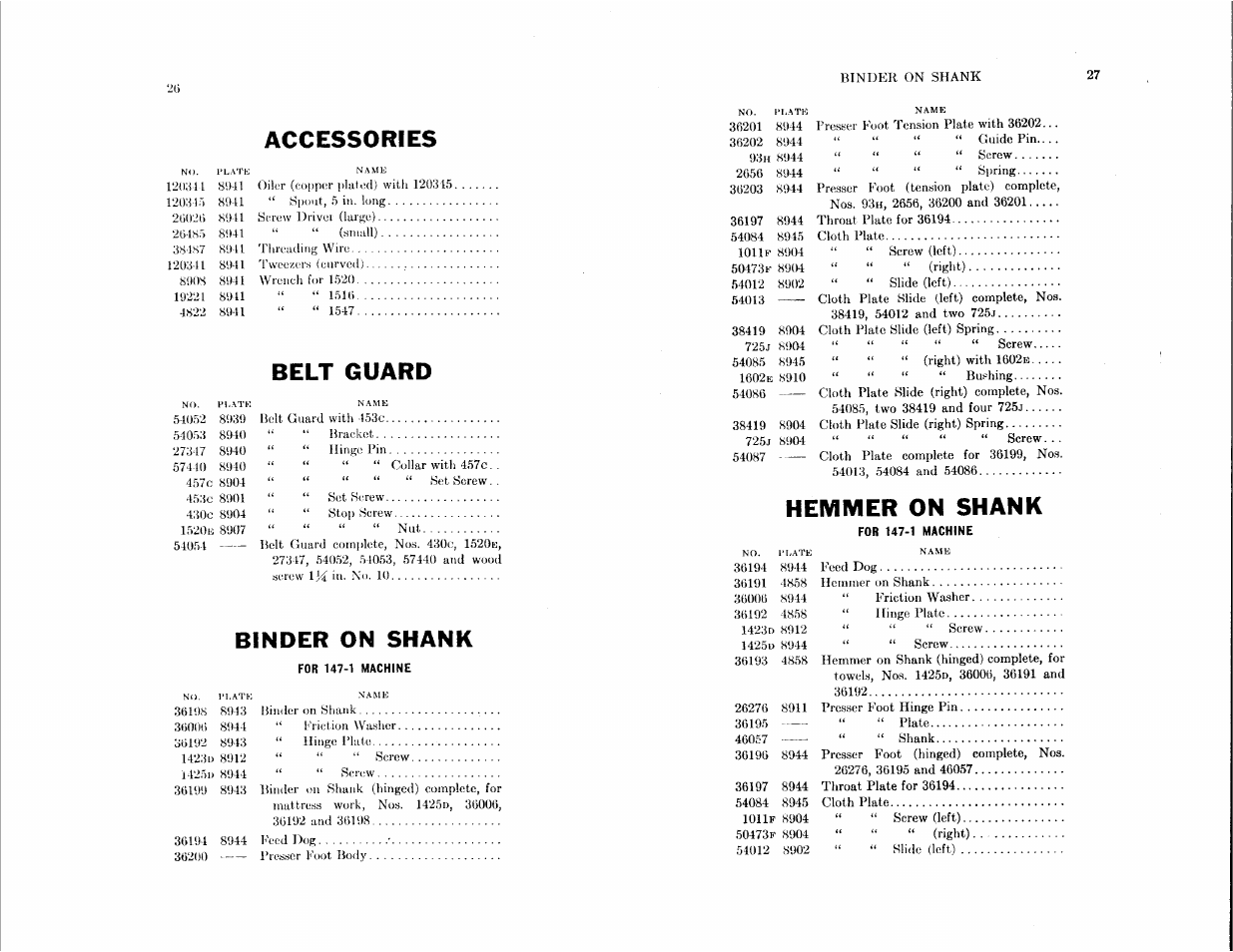 Accessories, Belt guard, Binder on shank | Hemmer on shank | SINGER 147-1 User Manual | Page 11 / 29