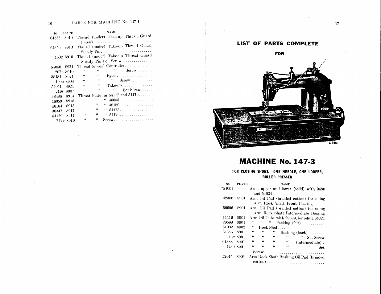 List of parts complete, Machine no. 147-3 | SINGER 147-1 User Manual | Page 6 / 29