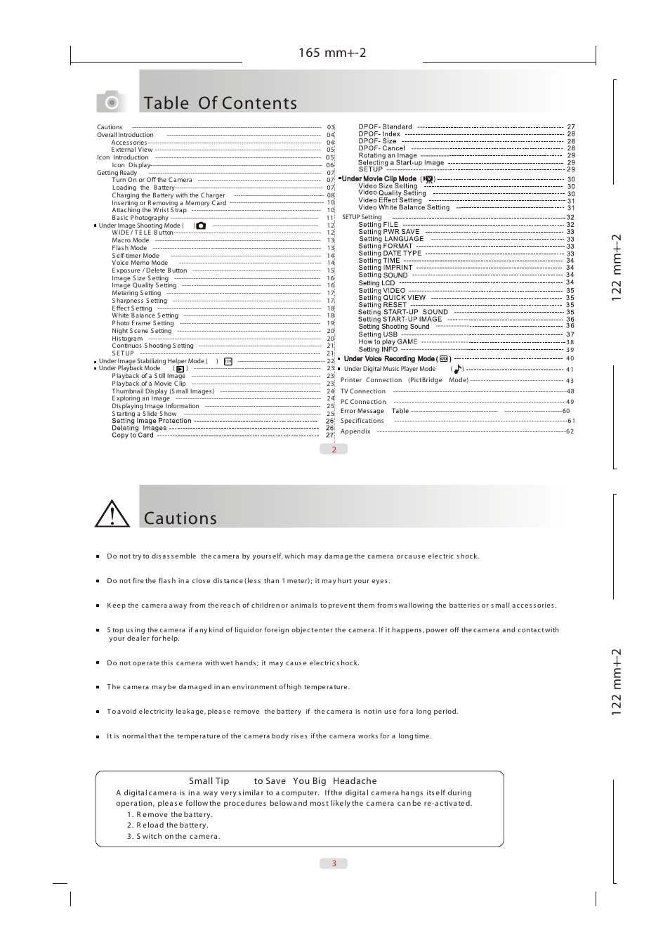 P2-3, Table of contents cautions | Sea & Sea 860G User Manual | Page 2 / 6