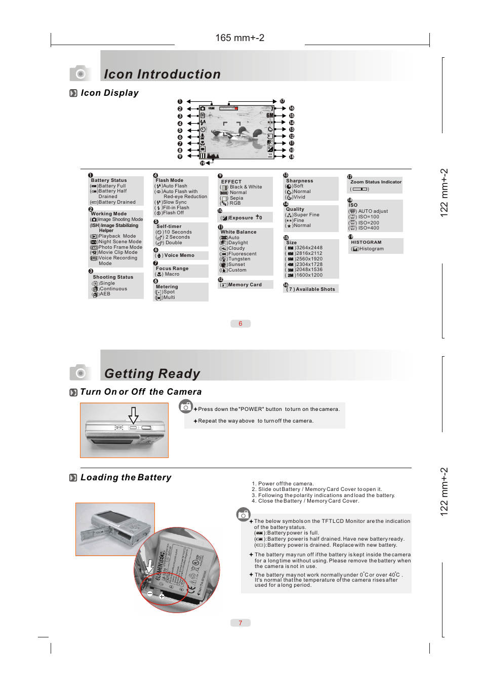 P6-7, Icon introduction, Getting ready | Icon display turn on or off the camera, Loading the battery | Sea & Sea 860G User Manual | Page 4 / 6