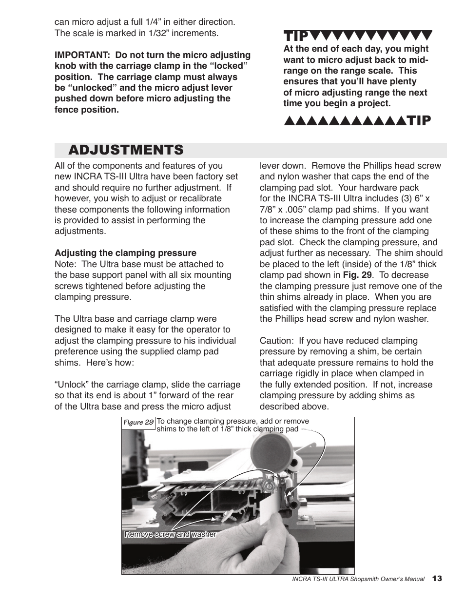 Adjustments tip | Shopsmith TS-III ULTRA User Manual | Page 13 / 16
