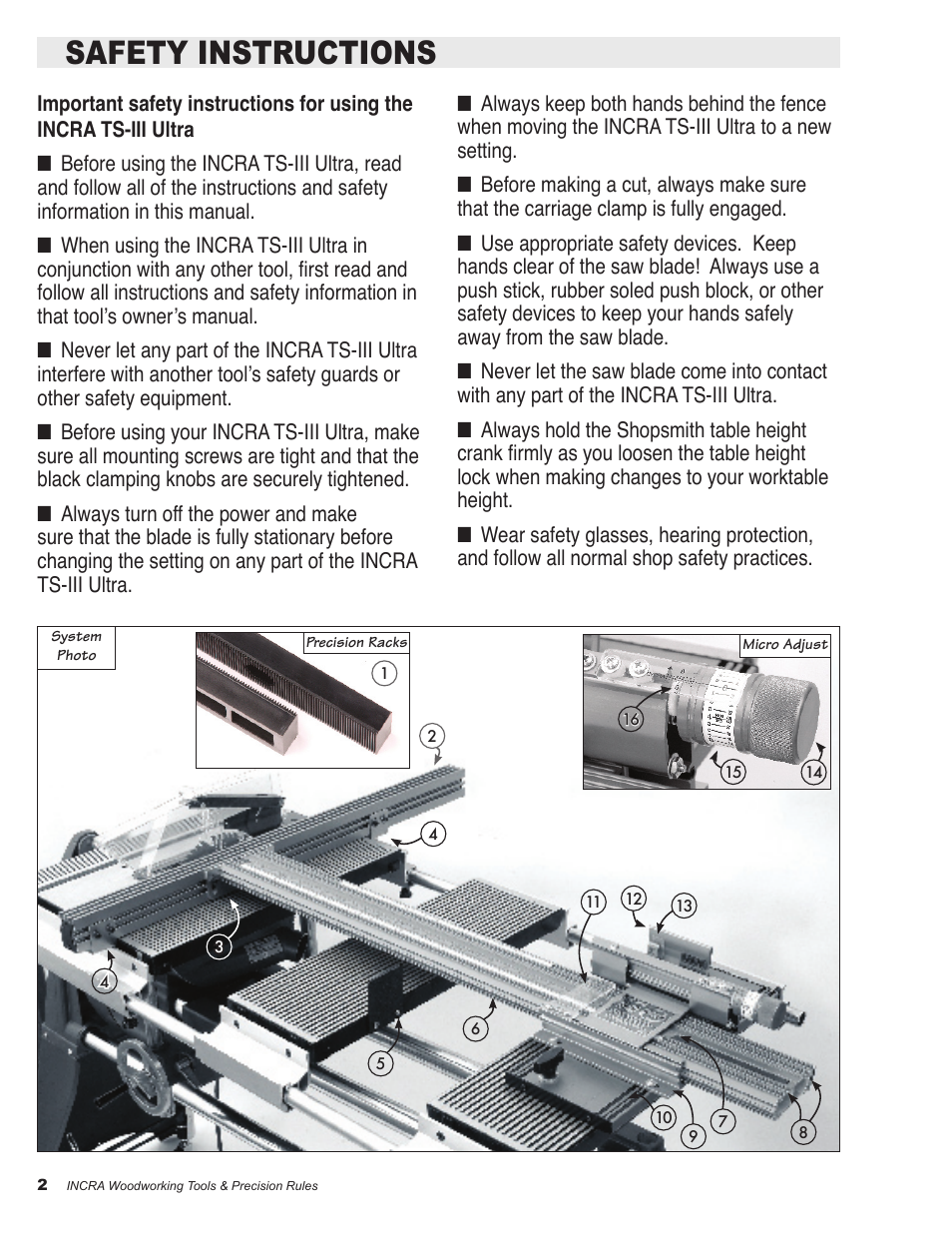 Safety instructions | Shopsmith TS-III ULTRA User Manual | Page 2 / 16