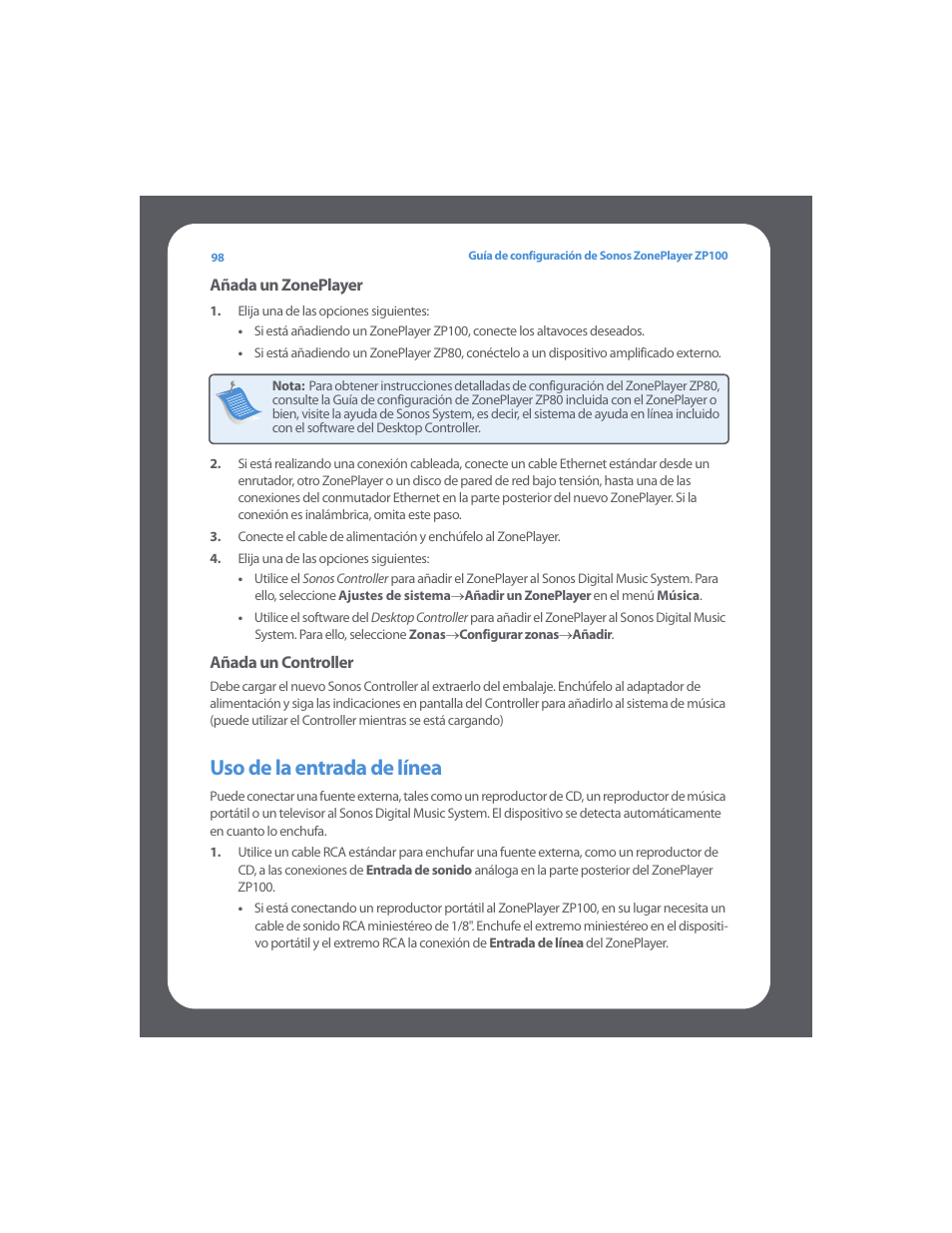 Uso de la entrada de línea | Sonos ZonePlayer ZP100 User Manual | Page 102 / 132