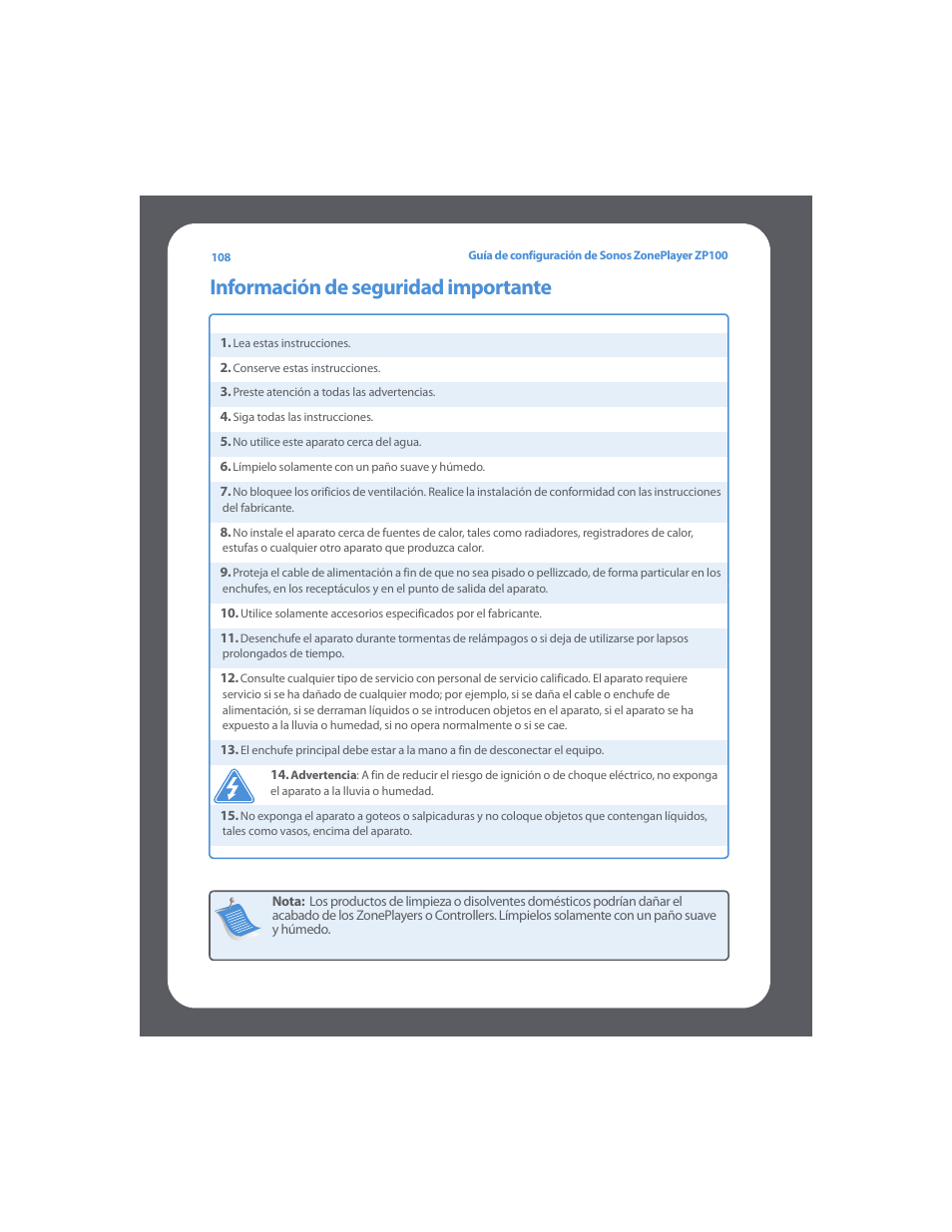 Información de seguridad importante | Sonos ZonePlayer ZP100 User Manual | Page 112 / 132