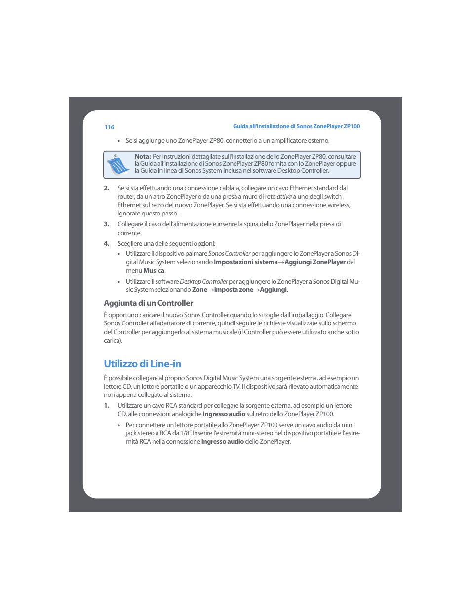 Utilizzo di line-in | Sonos ZonePlayer ZP100 User Manual | Page 120 / 132