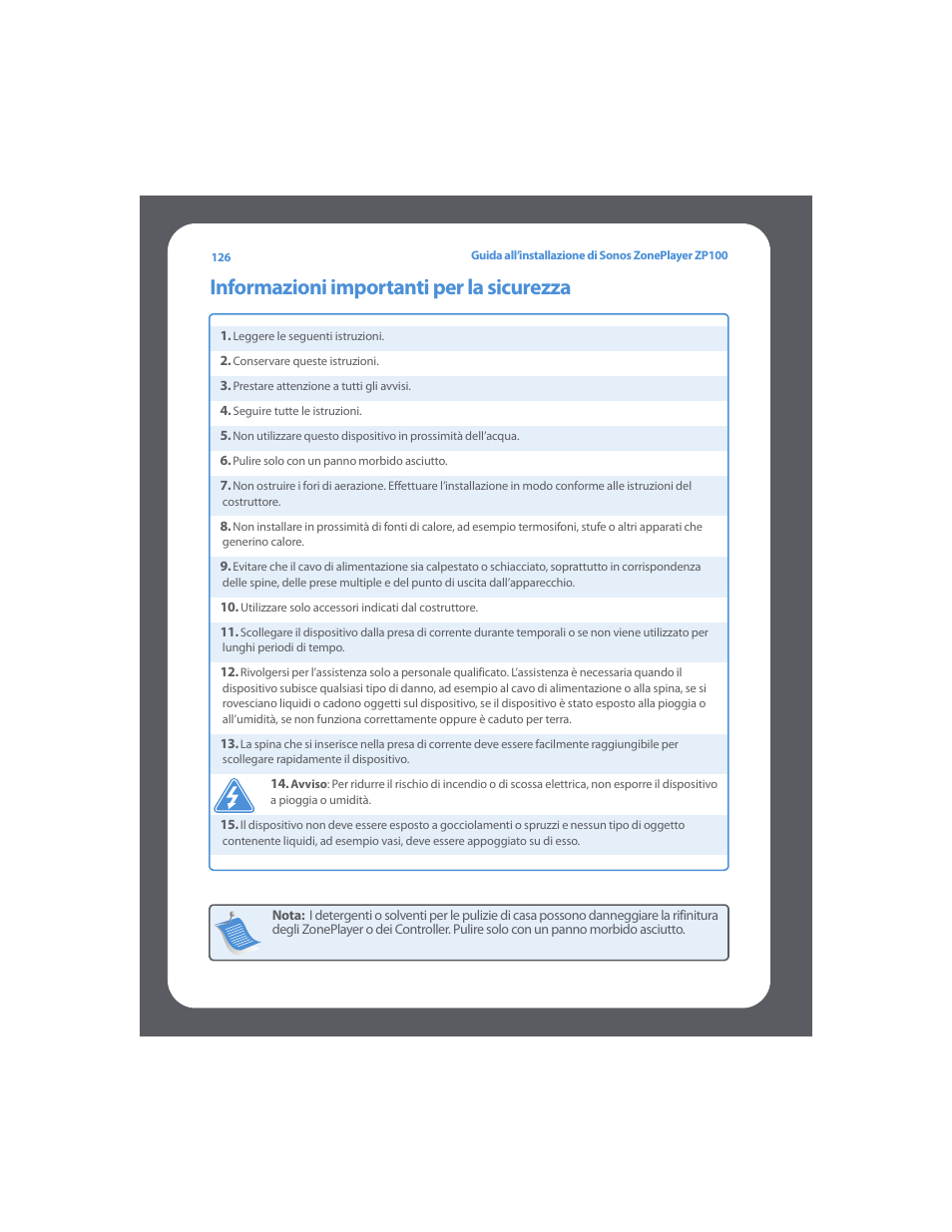 Informazioni importanti per la sicurezza | Sonos ZonePlayer ZP100 User Manual | Page 130 / 132