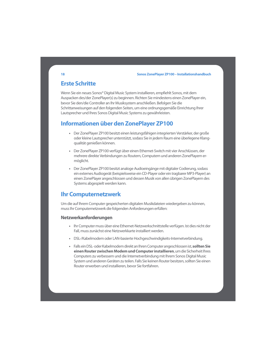 Erste schritte, Informationen über den zoneplayer zp100, Ihr computernetzwerk | Sonos ZonePlayer ZP100 User Manual | Page 22 / 132
