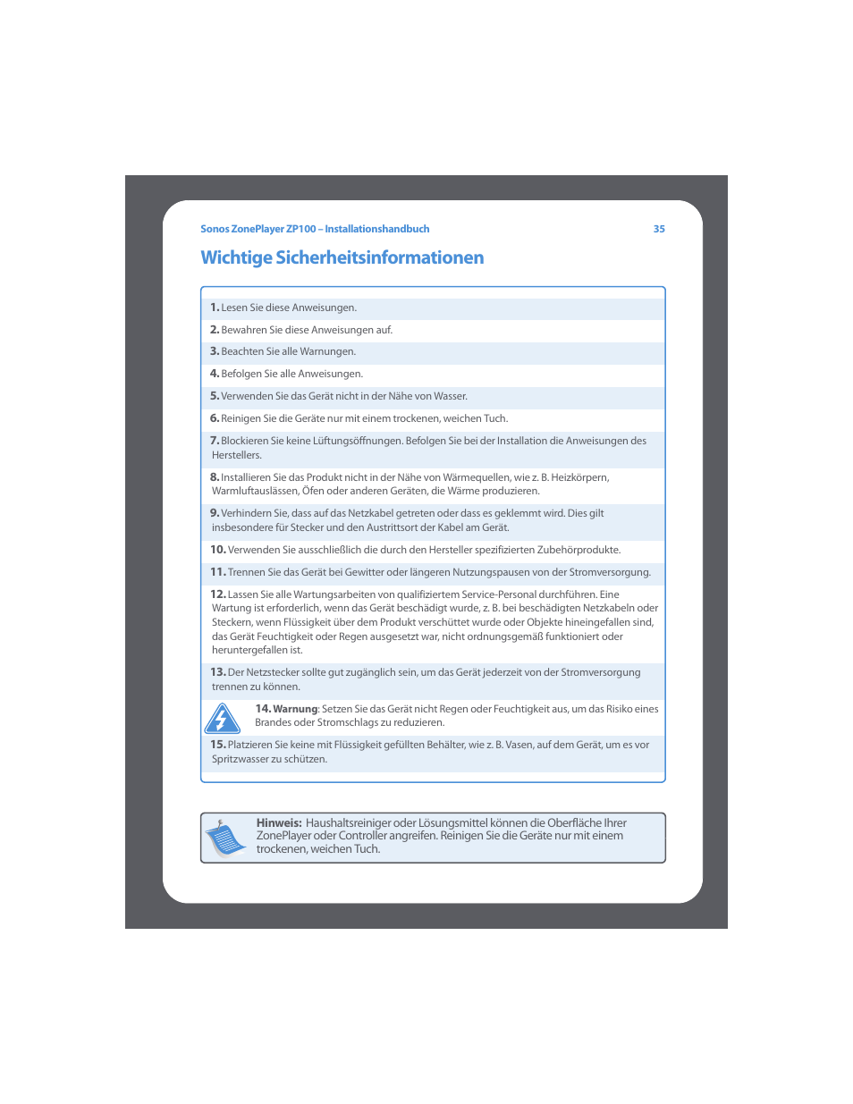 Wichtige sicherheitsinformationen | Sonos ZonePlayer ZP100 User Manual | Page 39 / 132