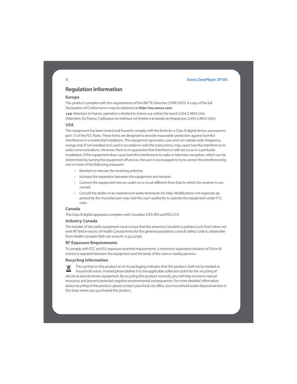 Regulation information | Sonos ZonePlayer ZP100 User Manual | Page 4 / 132
