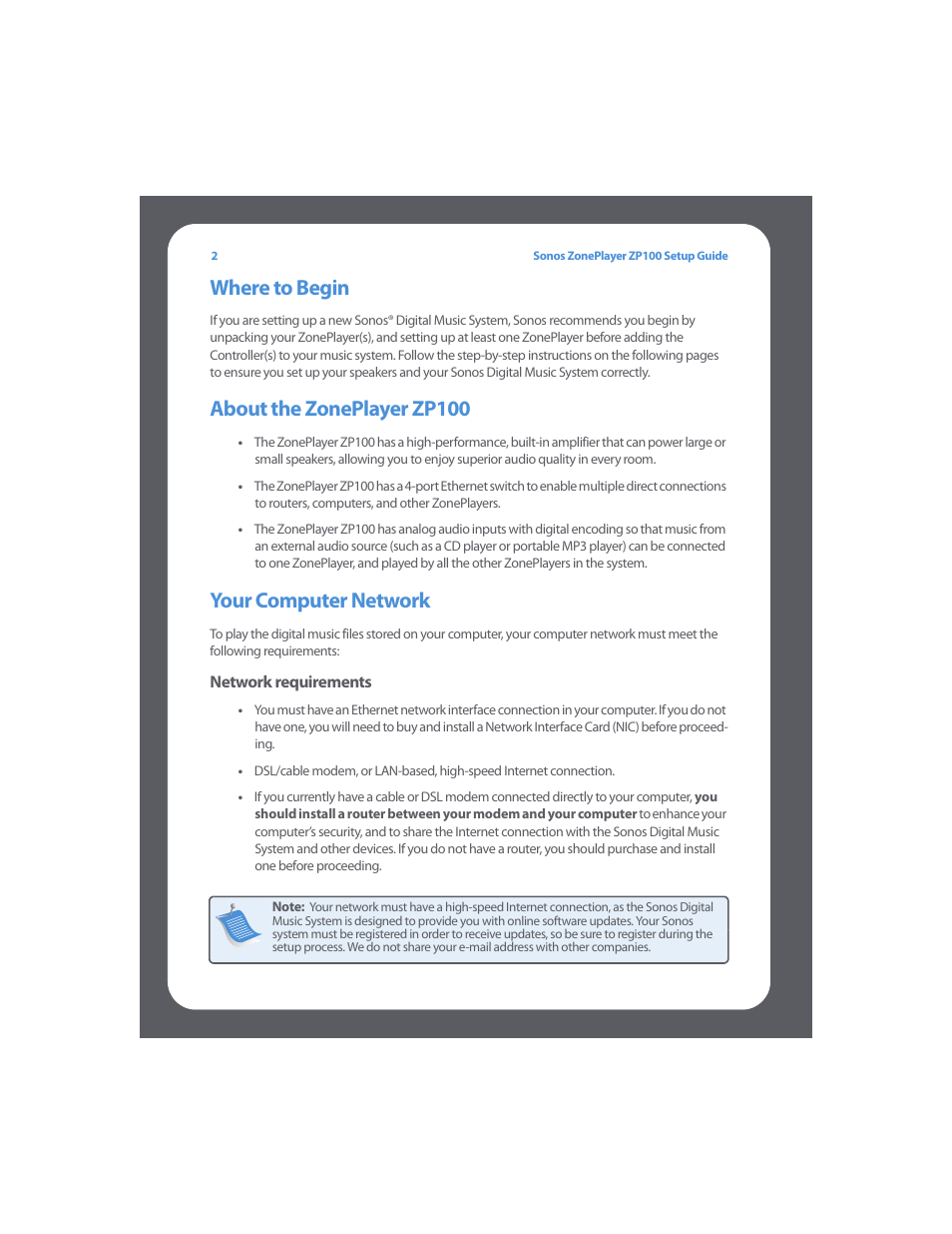 Where to begin, About the zoneplayer zp100, Your computer network | Sonos ZonePlayer ZP100 User Manual | Page 6 / 132