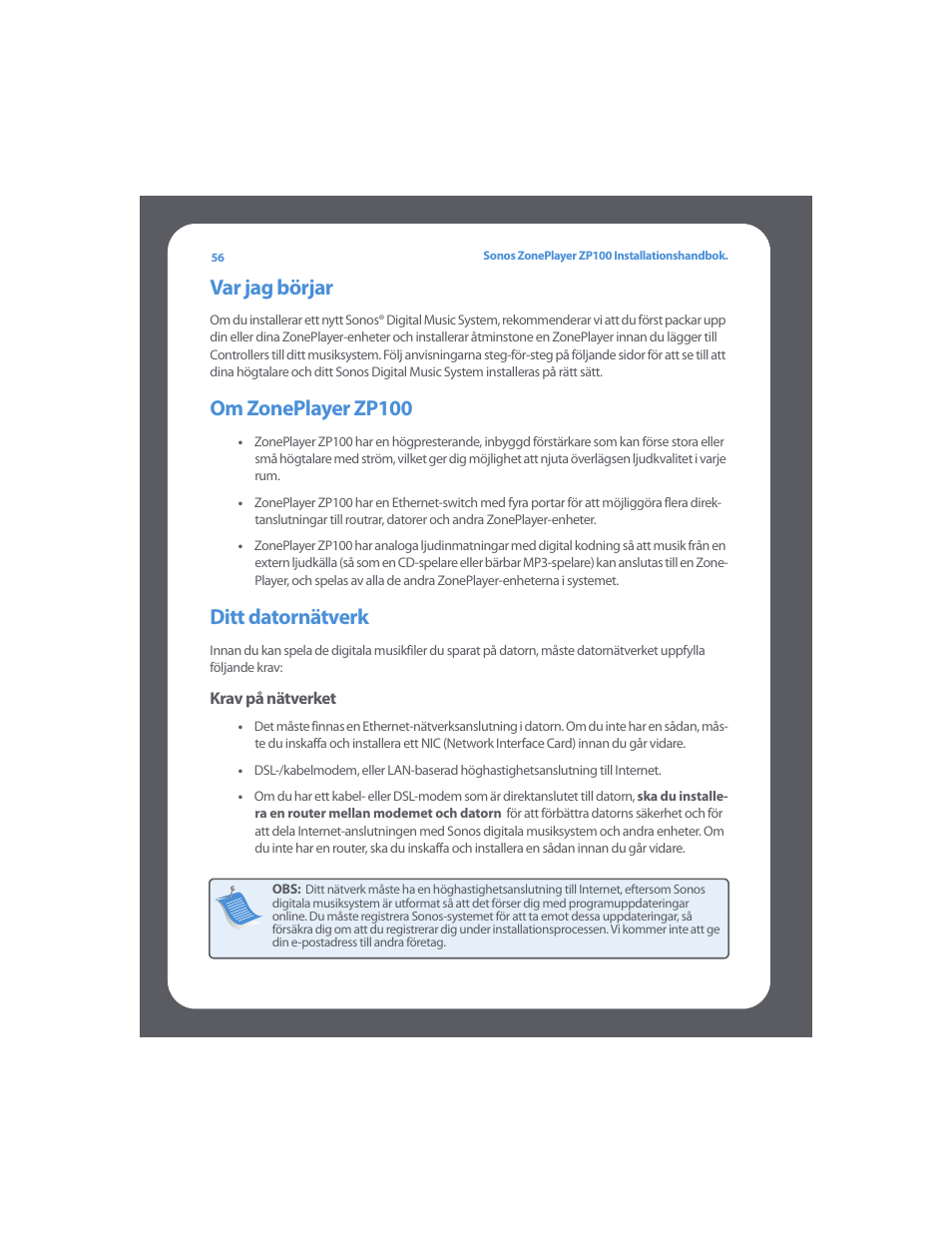 Var jag börjar, Om zoneplayer zp100, Ditt datornätverk | Sonos ZonePlayer ZP100 User Manual | Page 60 / 132