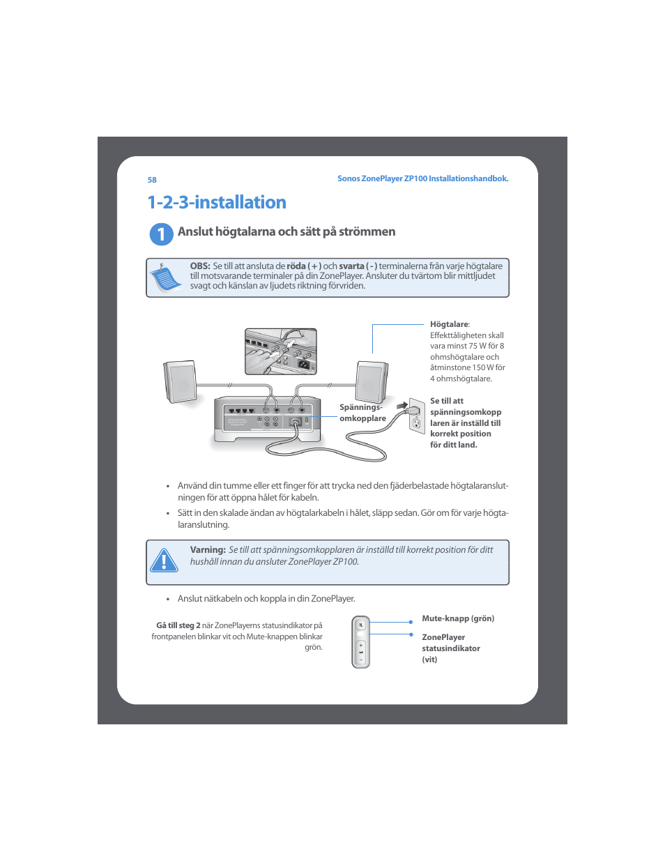 2-3-installation, Anslut högtalarna och sätt på strömmen | Sonos ZonePlayer ZP100 User Manual | Page 62 / 132