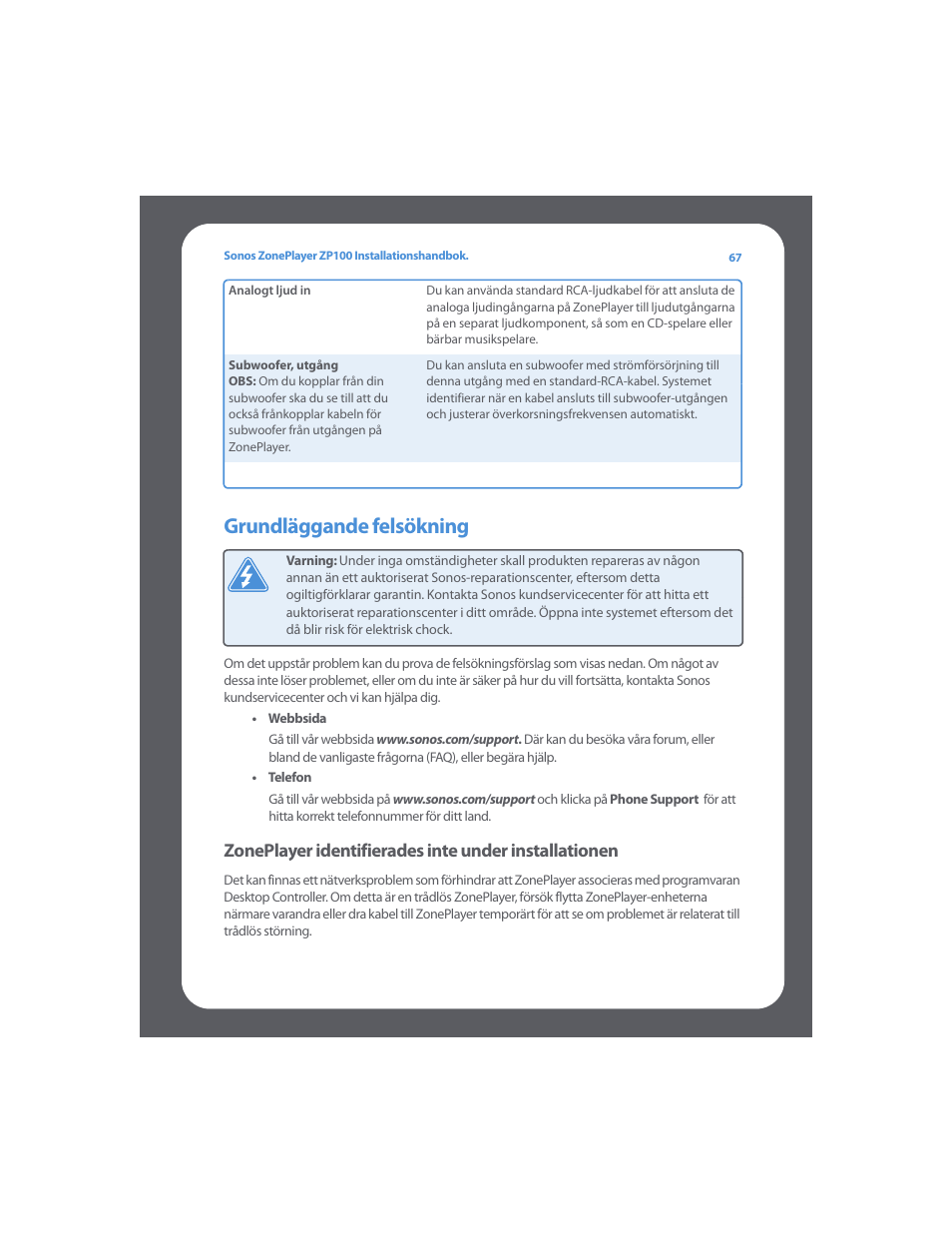 Grundläggande felsökning | Sonos ZonePlayer ZP100 User Manual | Page 71 / 132