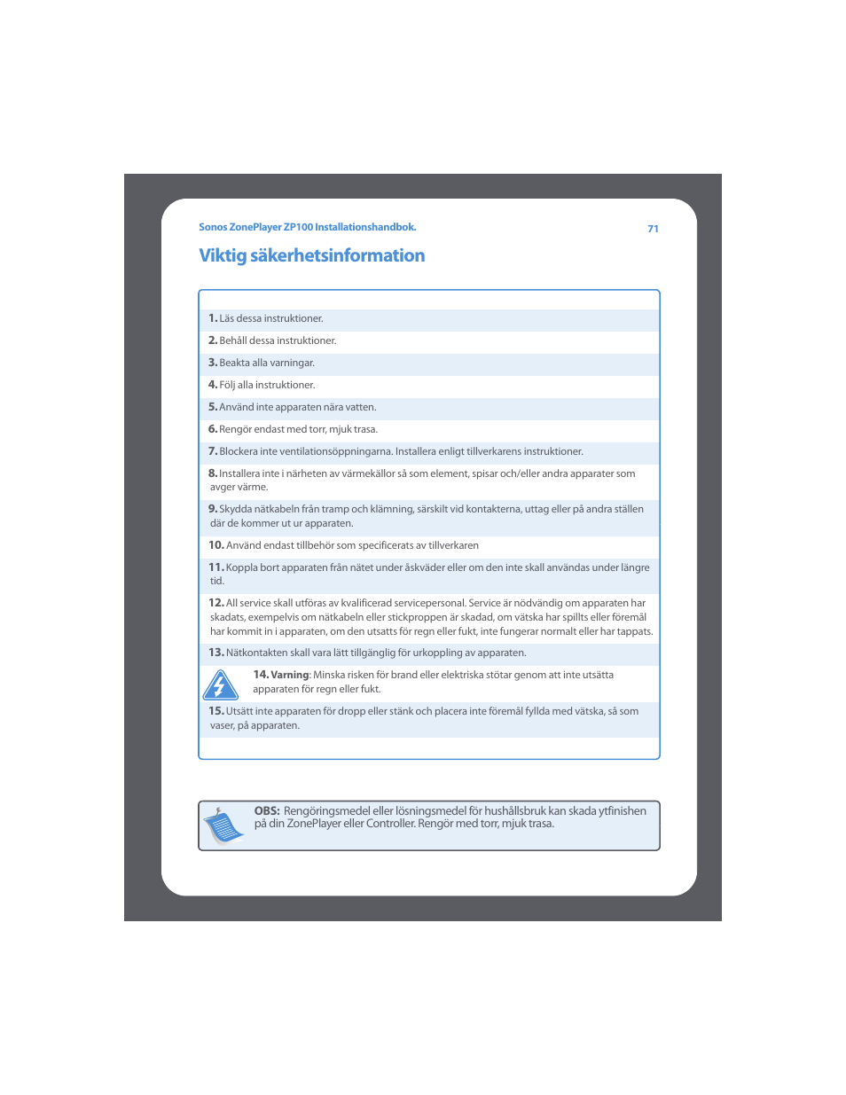 Viktig säkerhetsinformation | Sonos ZonePlayer ZP100 User Manual | Page 75 / 132