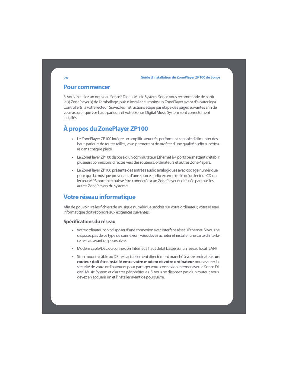 Pour commencer, À propos du zoneplayer zp100, Votre réseau informatique | Sonos ZonePlayer ZP100 User Manual | Page 78 / 132