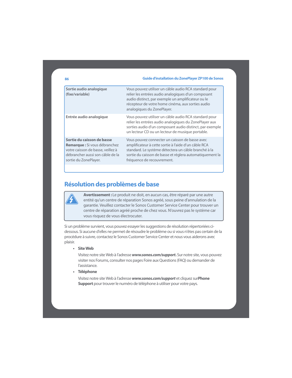 Résolution des problèmes de base | Sonos ZonePlayer ZP100 User Manual | Page 90 / 132
