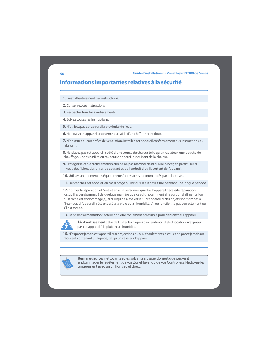 Informations importantes relatives à la sécurité | Sonos ZonePlayer ZP100 User Manual | Page 94 / 132