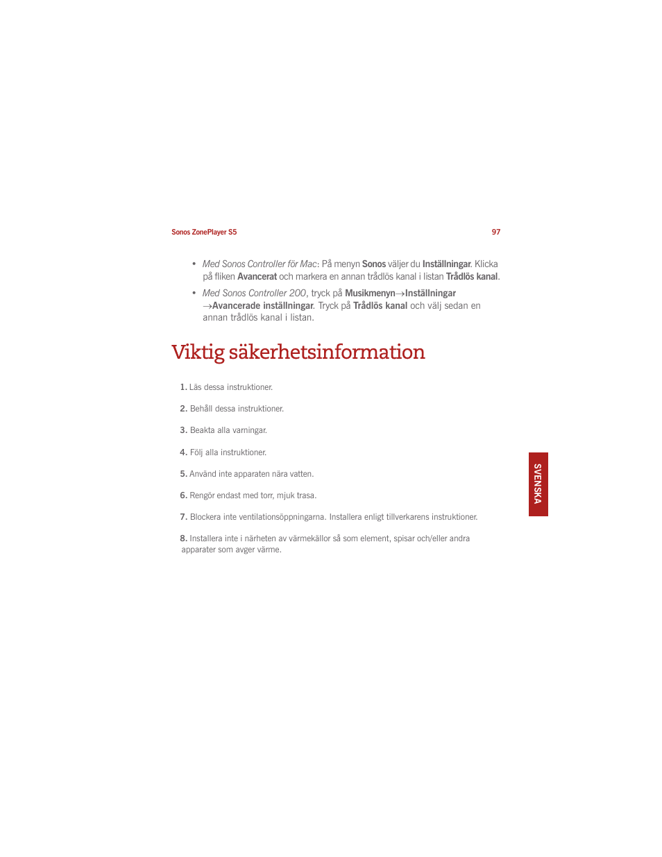 Viktig säkerhetsinformation | Sonos ZonePlayer S5 User Manual | Page 104 / 180