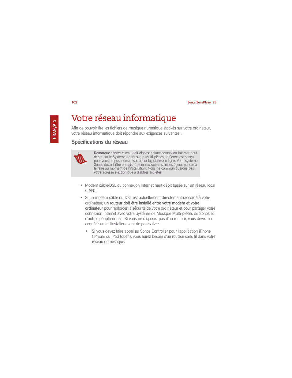 Votre réseau informatique, Spécifications du réseau | Sonos ZonePlayer S5 User Manual | Page 109 / 180