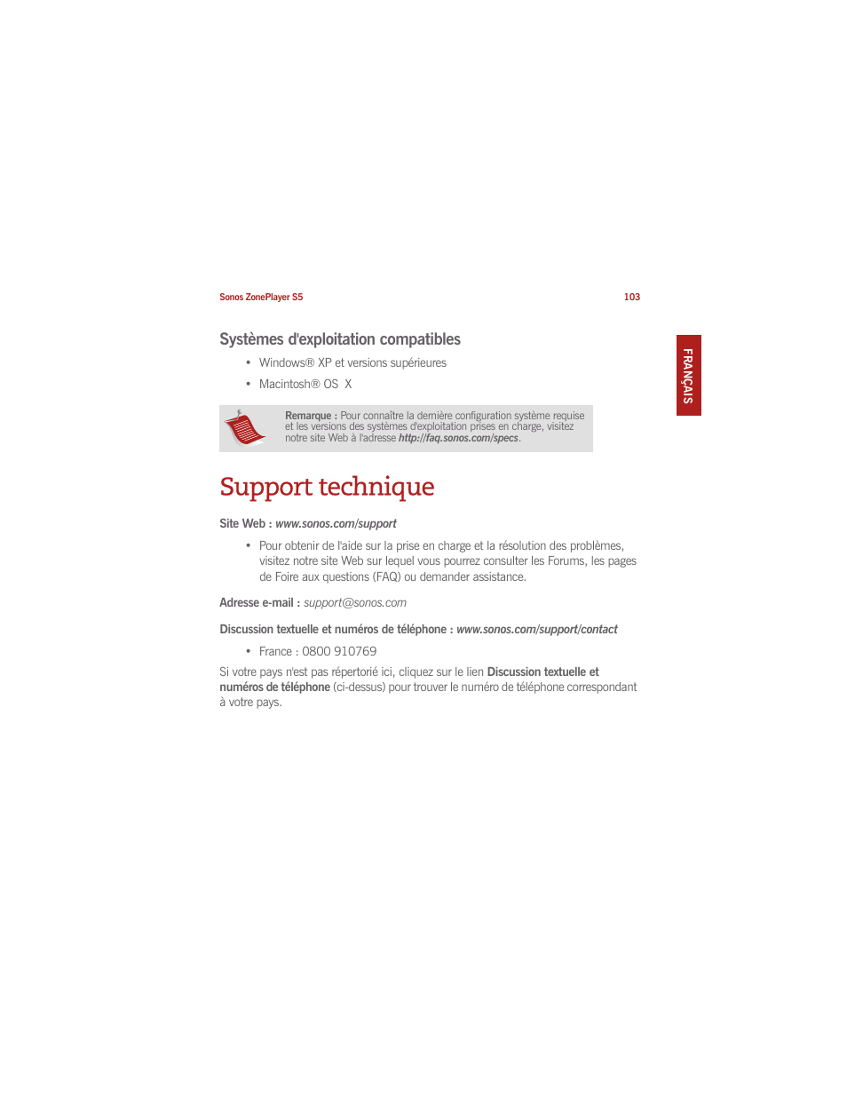 Support technique, Systèmes d'exploitation compatibles | Sonos ZonePlayer S5 User Manual | Page 110 / 180