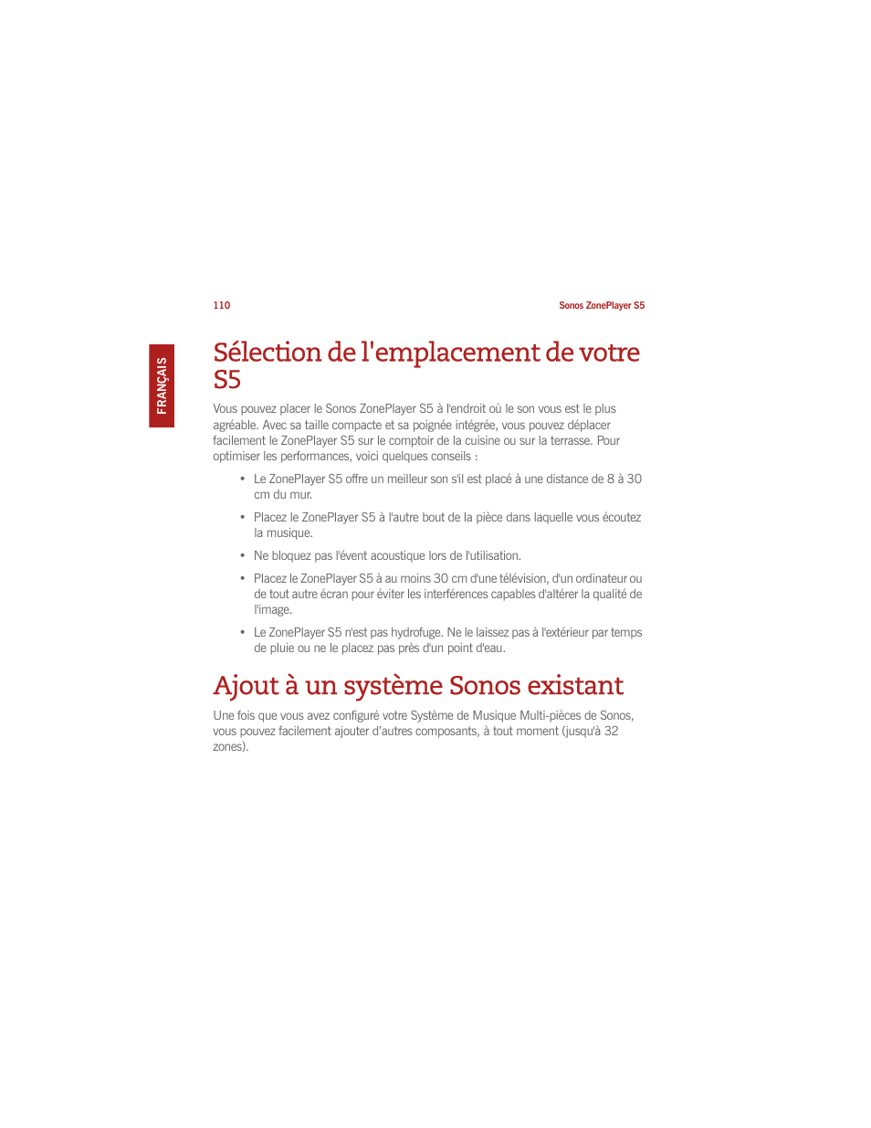 Sélection de l'emplacement de votre s5, Ajout à un système sonos existant | Sonos ZonePlayer S5 User Manual | Page 117 / 180