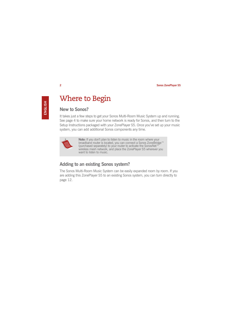 Where to begin, New to sonos, Adding to an existing sonos system | Sonos ZonePlayer S5 User Manual | Page 12 / 180