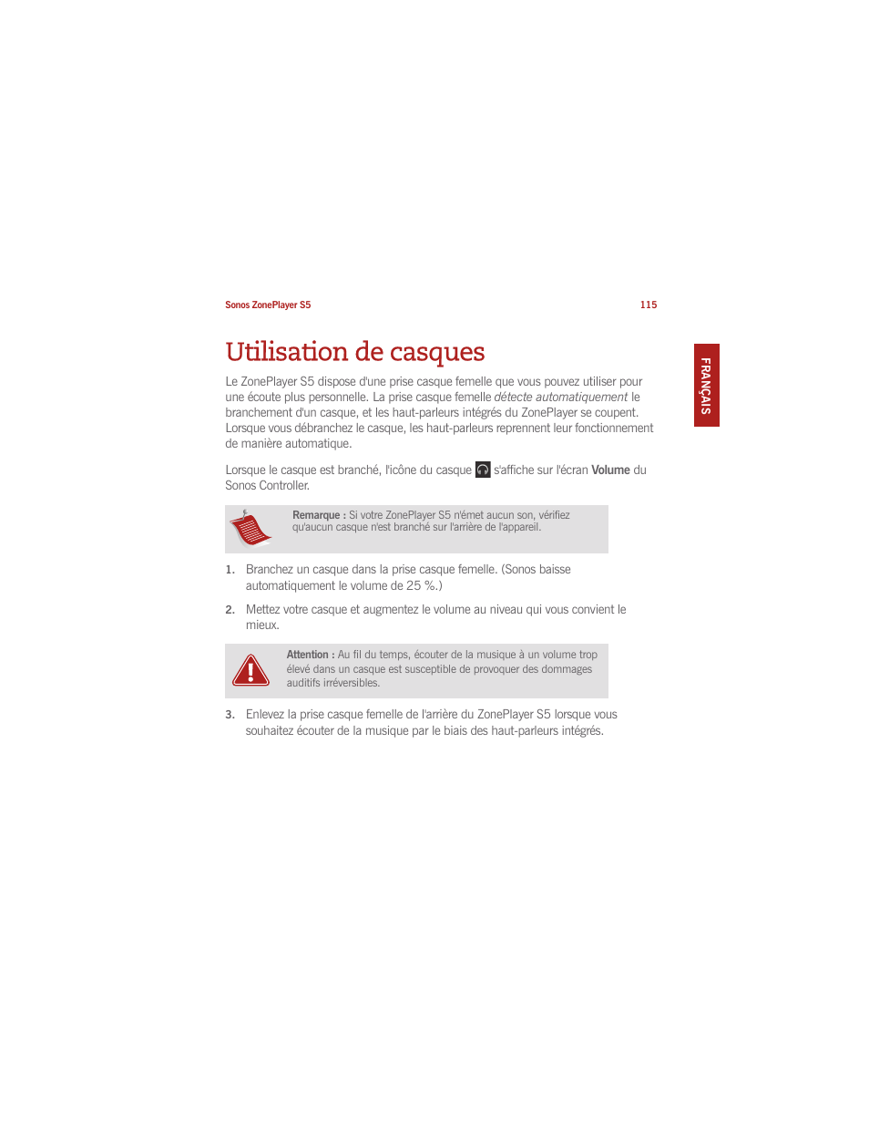 Utilisation de casques | Sonos ZonePlayer S5 User Manual | Page 122 / 180