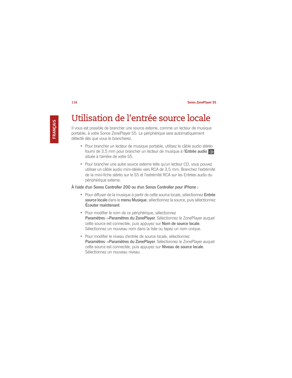 Utilisation de l'entrée source locale | Sonos ZonePlayer S5 User Manual | Page 123 / 180