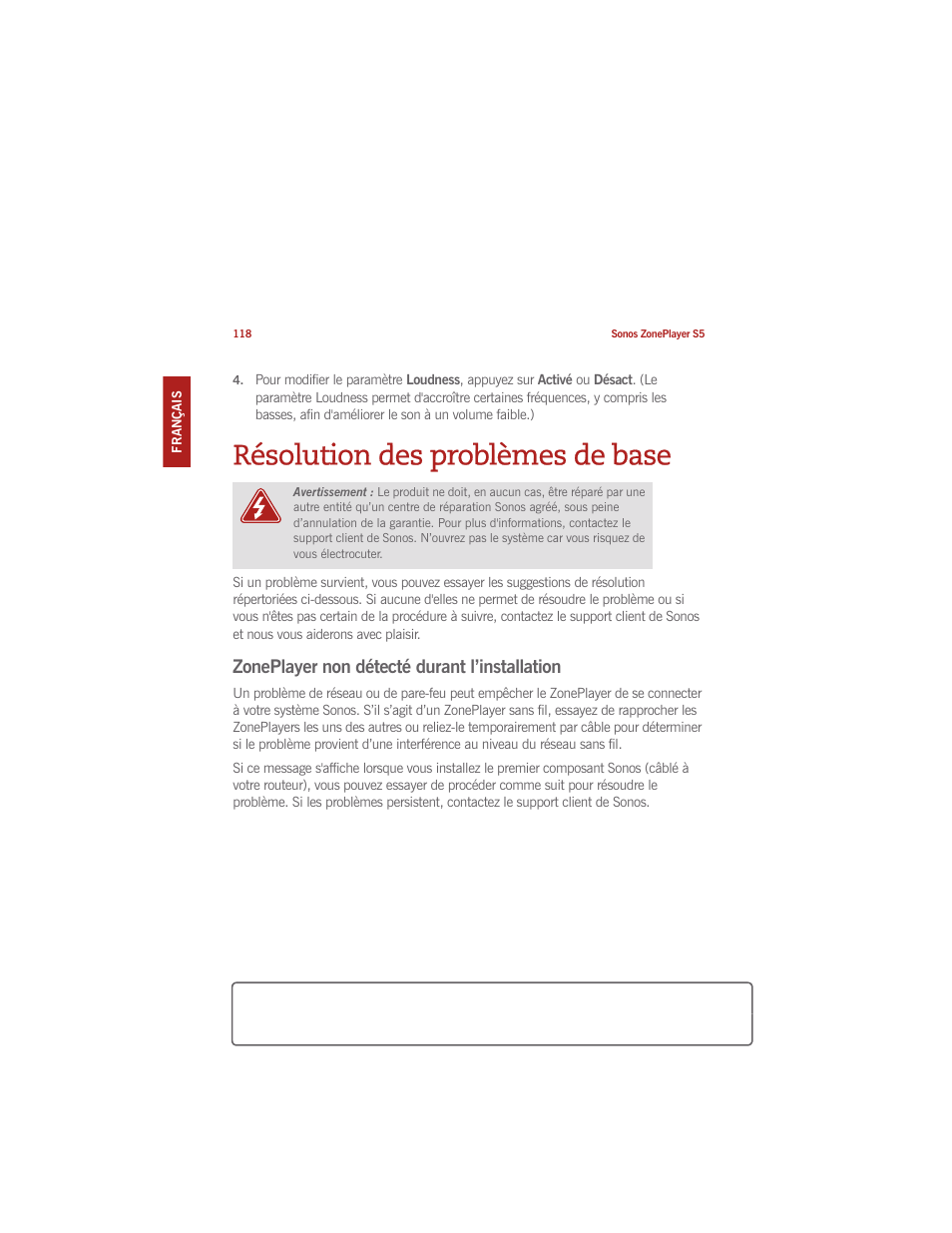 Résolution des problèmes de base, Zoneplayer non détecté durant l’installation | Sonos ZonePlayer S5 User Manual | Page 125 / 180