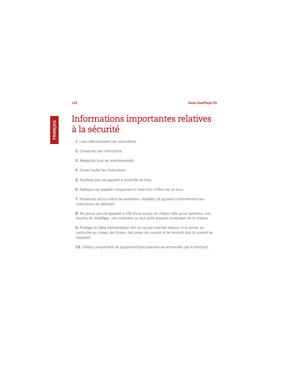 Informations importantes relatives à la sécurité | Sonos ZonePlayer S5 User Manual | Page 129 / 180
