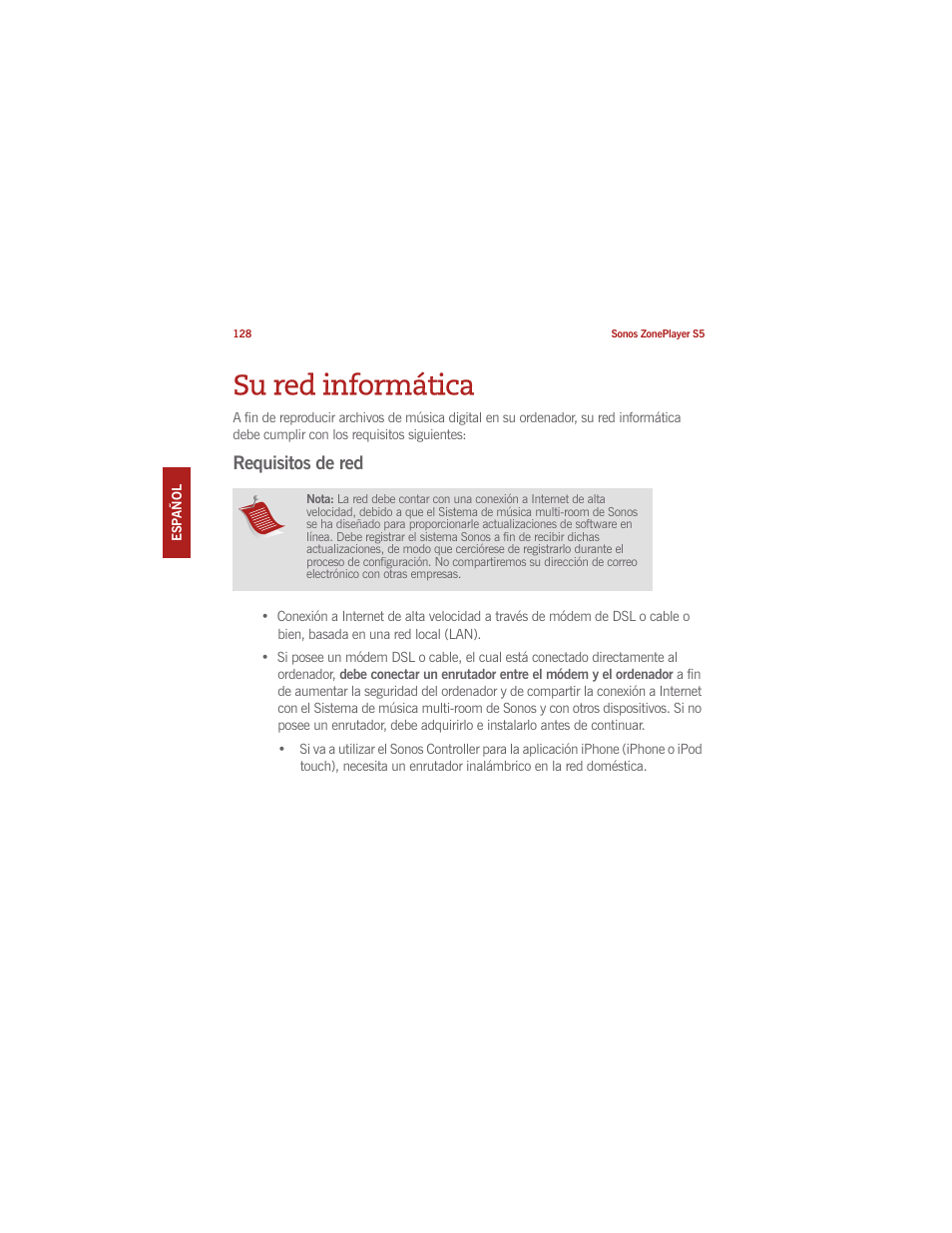 Su red informática, Requisitos de red | Sonos ZonePlayer S5 User Manual | Page 134 / 180