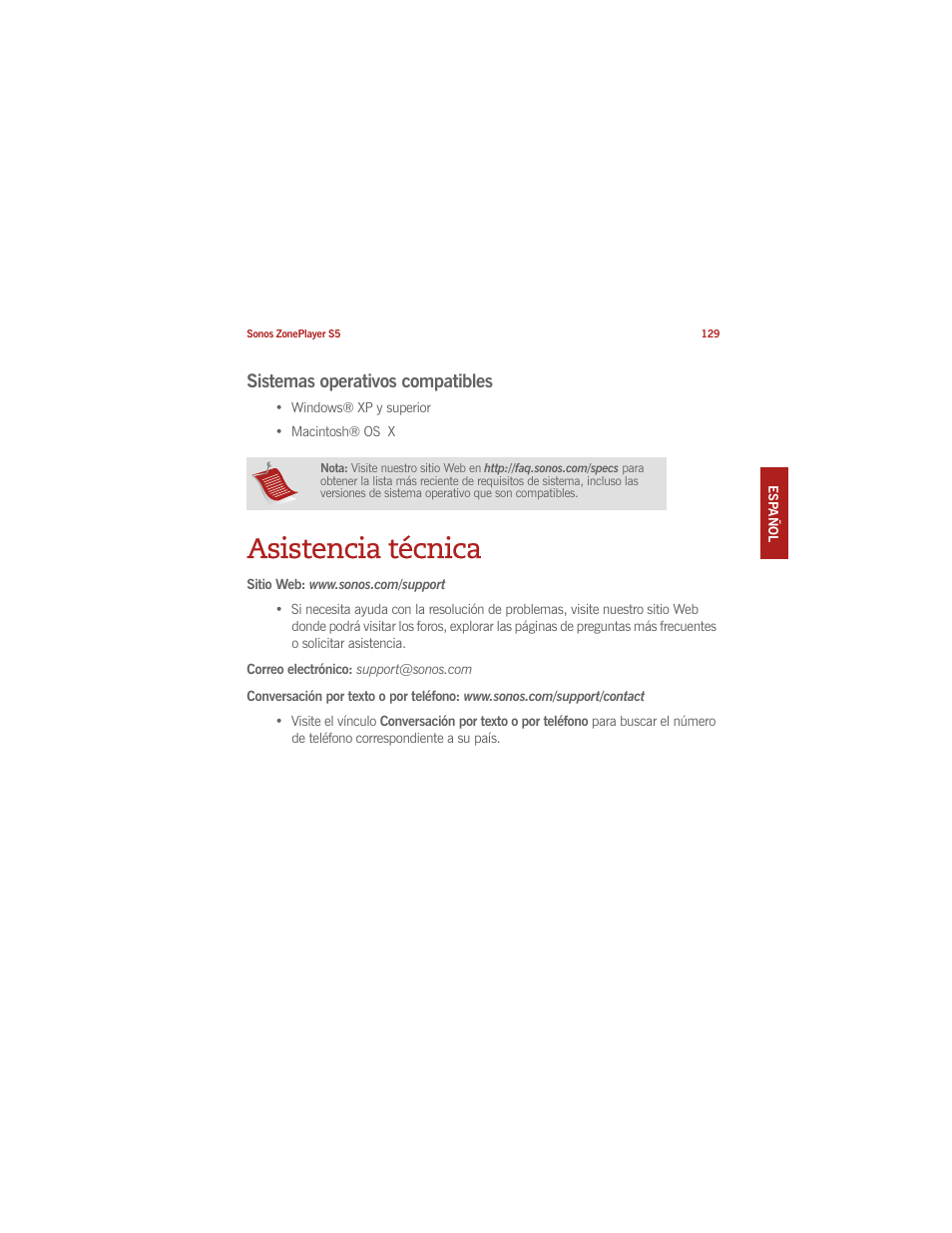 Asistencia técnica, Sistemas operativos compatibles | Sonos ZonePlayer S5 User Manual | Page 135 / 180