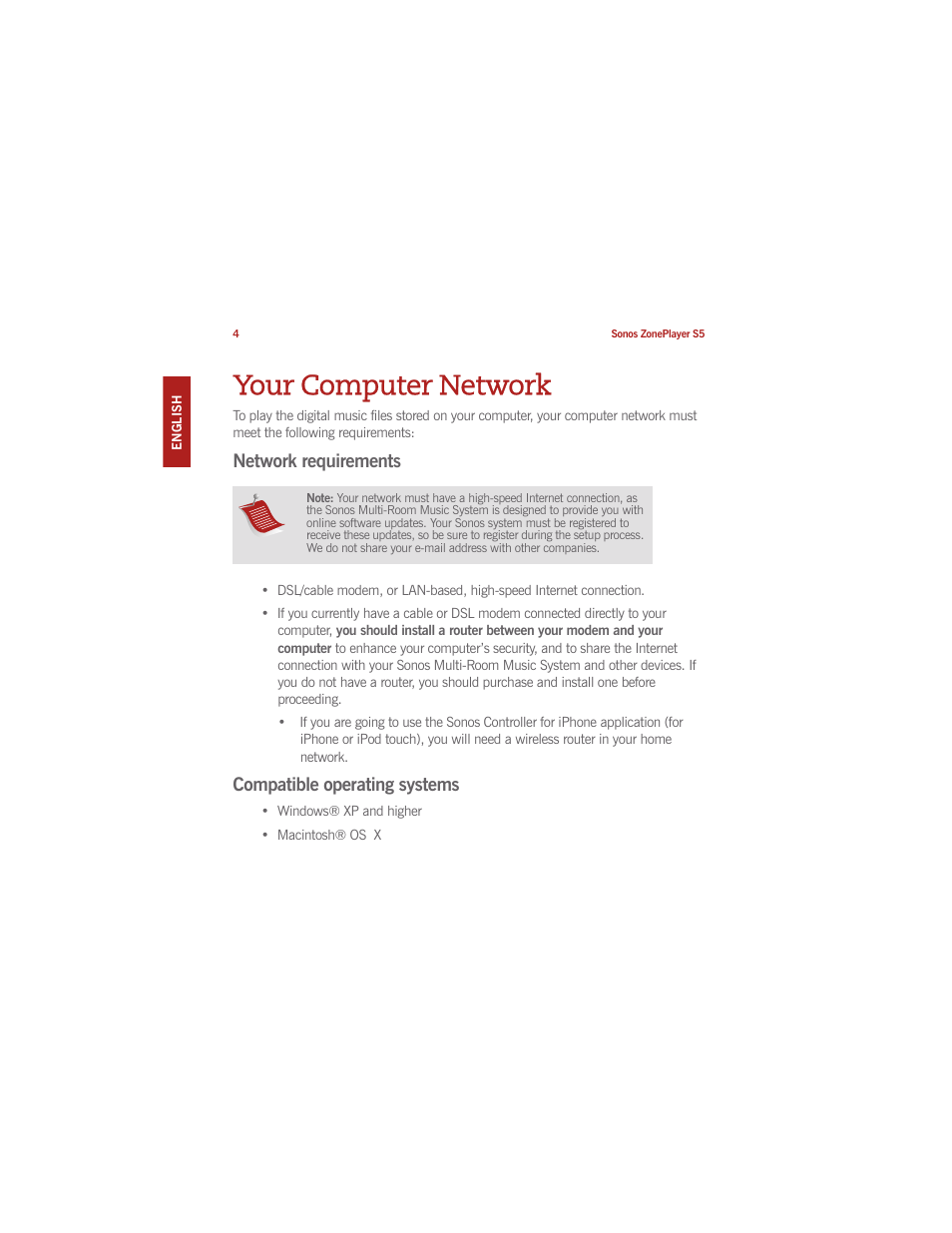 Your computer network, Network requirements, Compatible operating systems | Sonos ZonePlayer S5 User Manual | Page 14 / 180