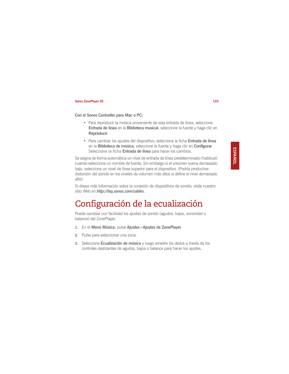 Configuración de la ecualización | Sonos ZonePlayer S5 User Manual | Page 149 / 180