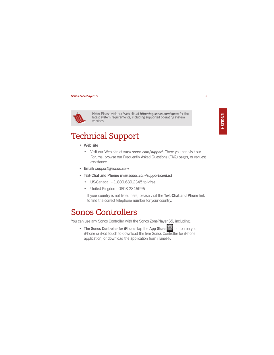 Technical support, Sonos controllers | Sonos ZonePlayer S5 User Manual | Page 15 / 180
