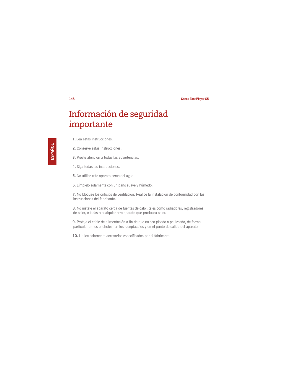 Información de seguridad importante | Sonos ZonePlayer S5 User Manual | Page 154 / 180