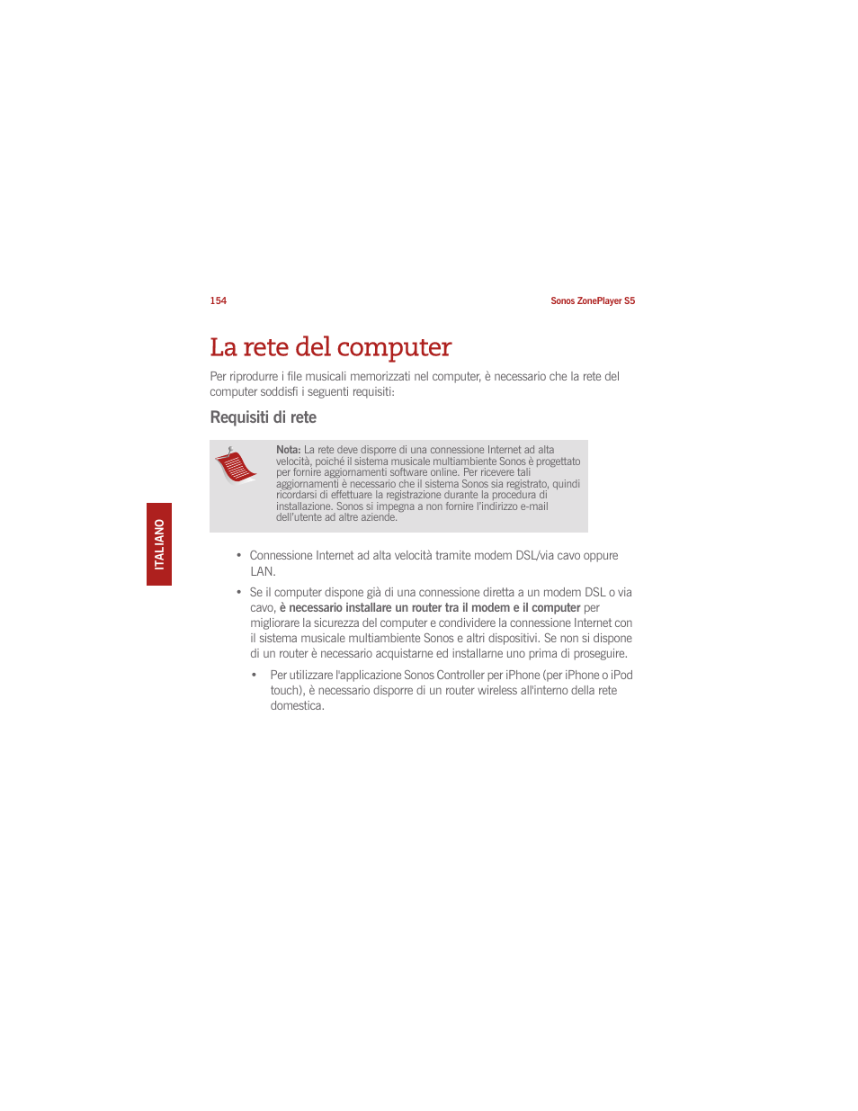 La rete del computer, Requisiti di rete | Sonos ZonePlayer S5 User Manual | Page 159 / 180