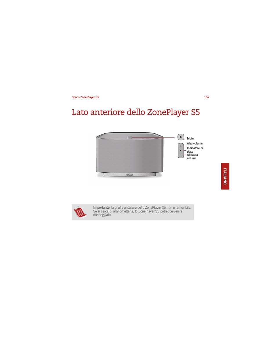 Lato anteriore dello zoneplayer s5 | Sonos ZonePlayer S5 User Manual | Page 162 / 180