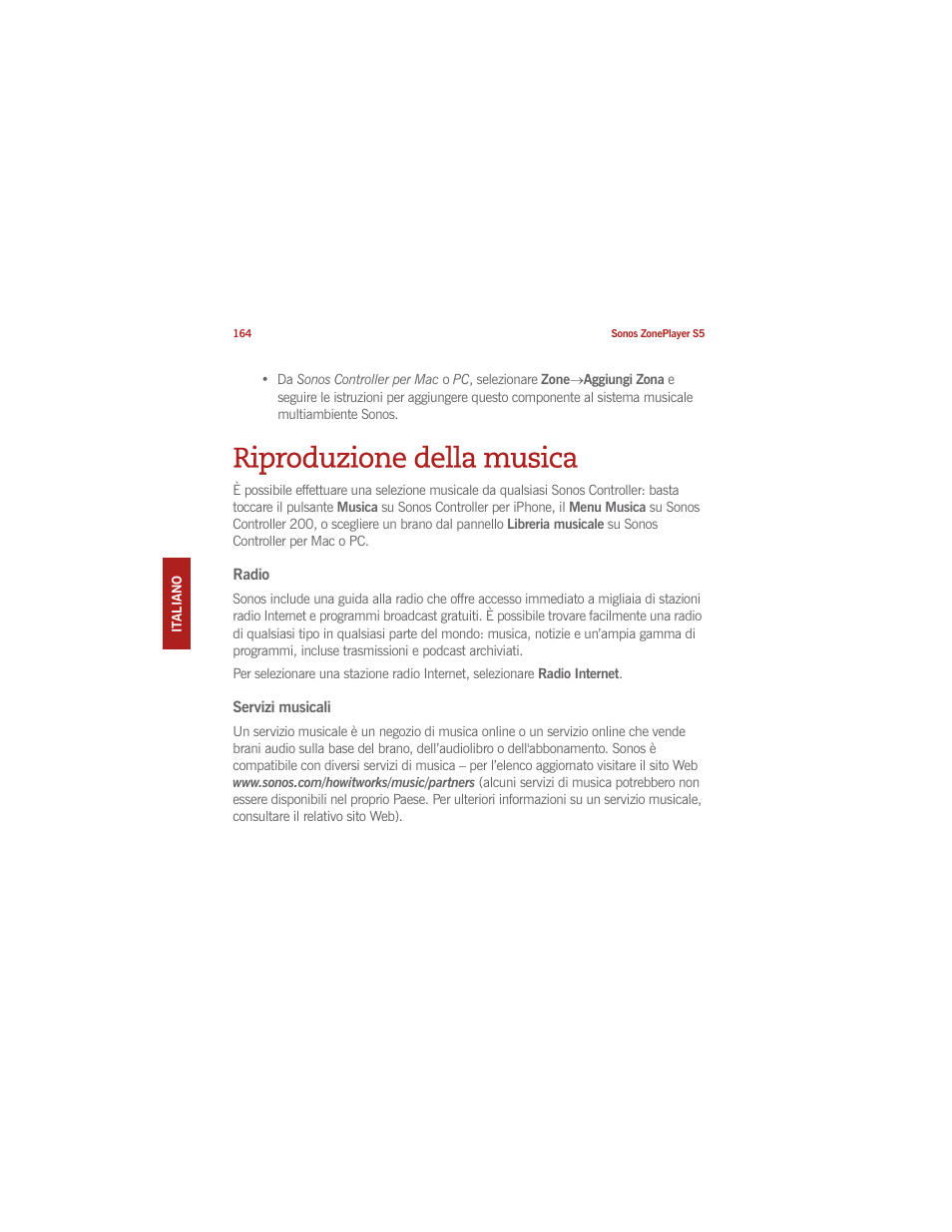 Riproduzione della musica | Sonos ZonePlayer S5 User Manual | Page 169 / 180
