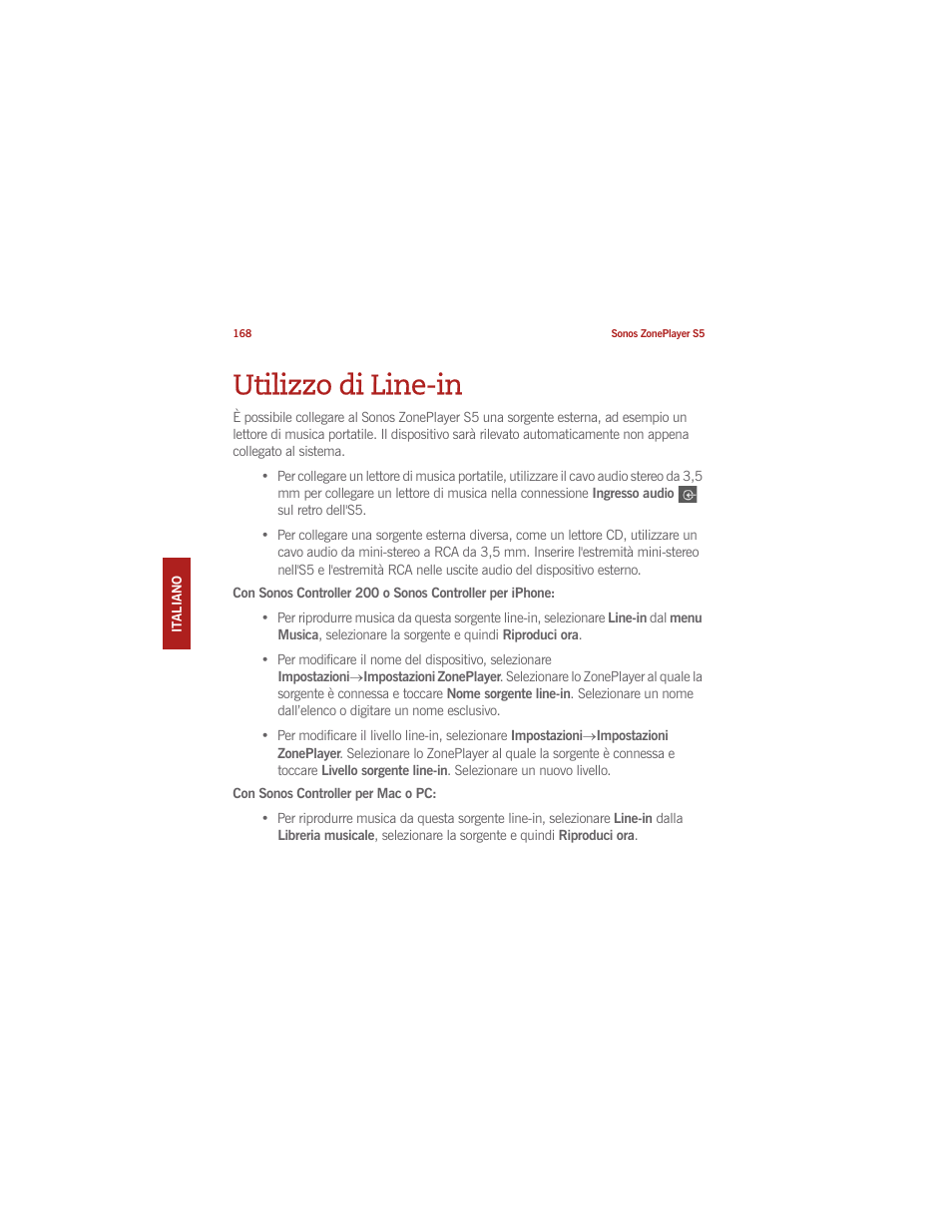 Utilizzo di line-in | Sonos ZonePlayer S5 User Manual | Page 173 / 180