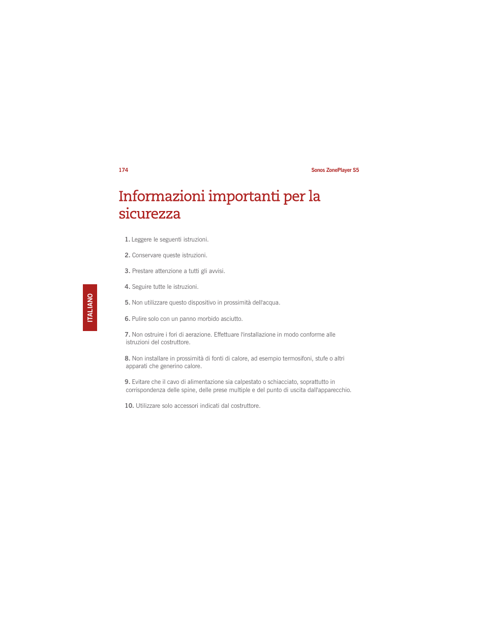 Informazioni importanti per la sicurezza | Sonos ZonePlayer S5 User Manual | Page 179 / 180