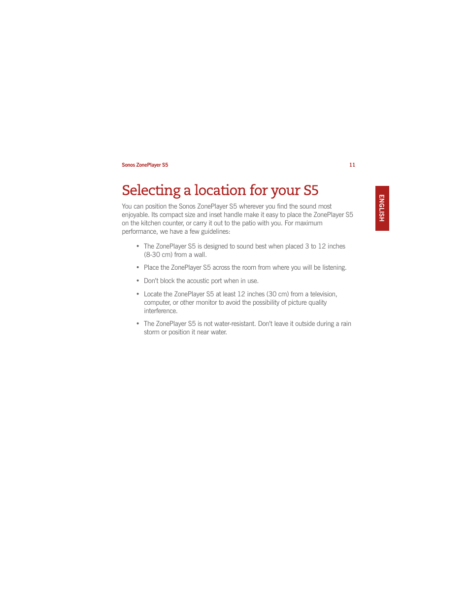 Selecting a location for your s5 | Sonos ZonePlayer S5 User Manual | Page 21 / 180