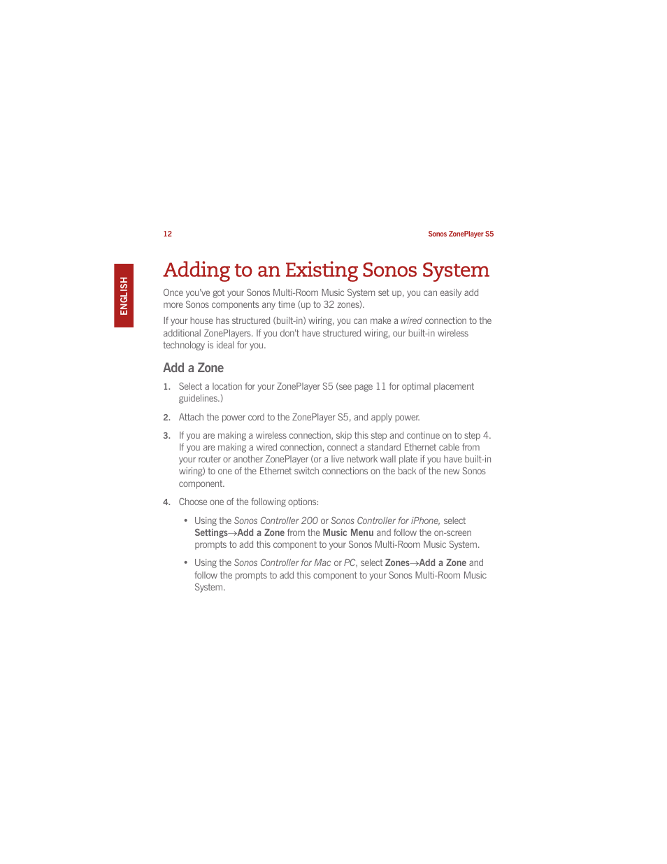 Adding to an existing sonos system, Add a zone | Sonos ZonePlayer S5 User Manual | Page 22 / 180