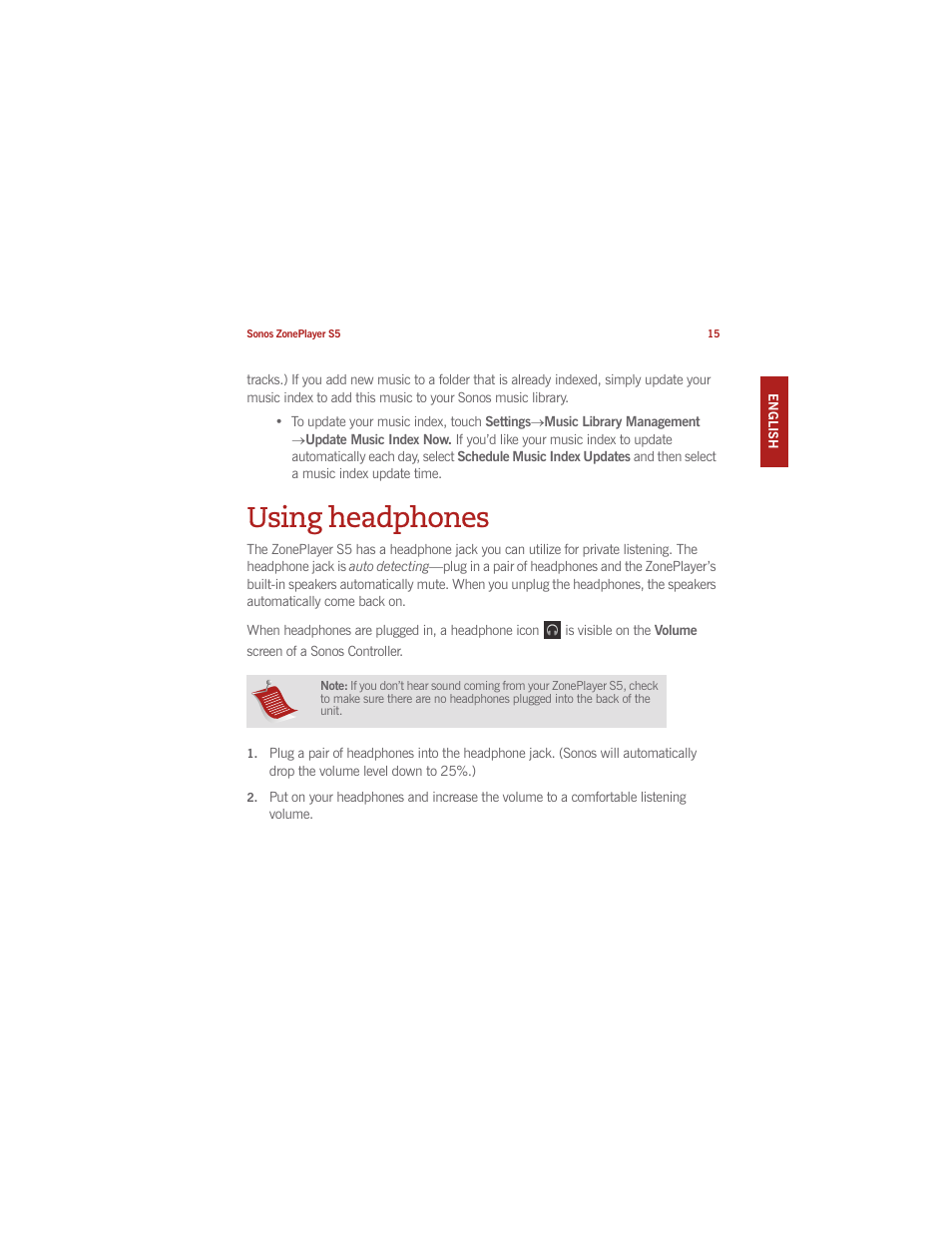 Using headphones | Sonos ZonePlayer S5 User Manual | Page 25 / 180