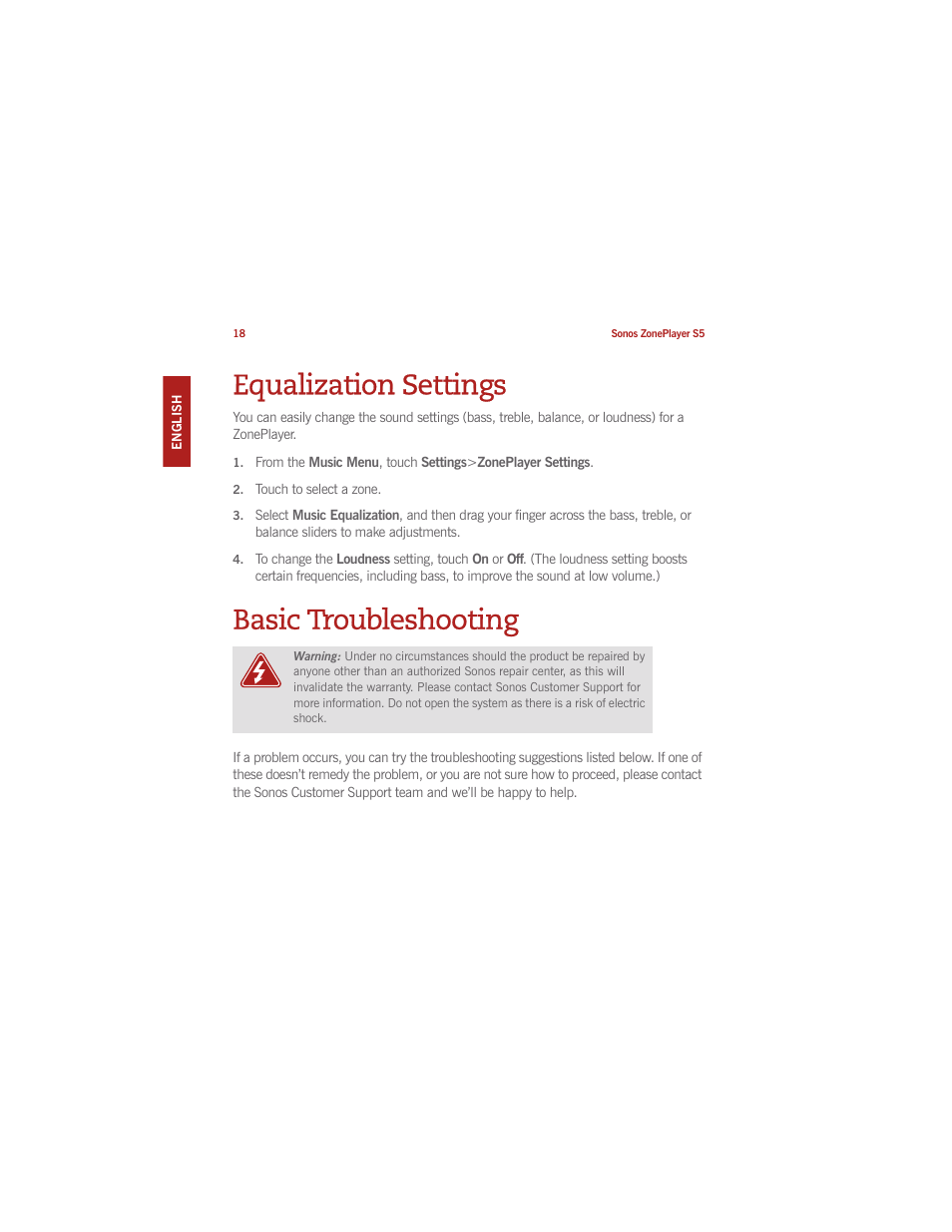 Equalization settings, Basic troubleshooting | Sonos ZonePlayer S5 User Manual | Page 28 / 180